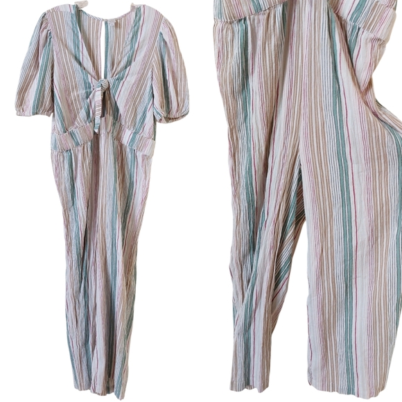 Loft Beach White Colorful Striped Open Tie Front Short Sleeve Casual Jumpsuit - Picture 2 of 12